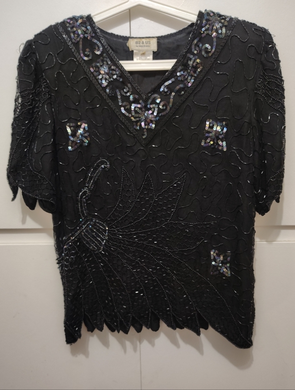 VTG B2 & US By Mark & John Silk Beaded Top XL Black Sequin 80s 90s READ